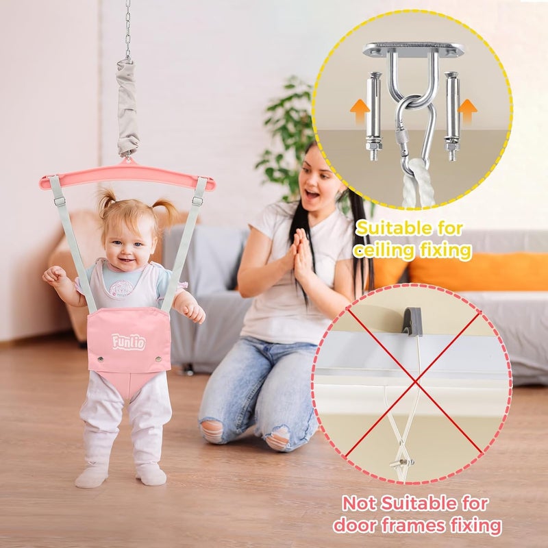 FUNLIO 2 in 1 Baby Jumper with a Ceiling Hook, Baby Walking Harness for 6-24 Months, Infant Jumper for Indoor/Outdoor Play, Infant Jumper Doorway with Adjustable Chain, Easy to Assemble & Store - Pink - Image 2